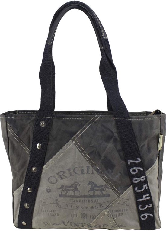 Sunsa Canvas handtas. Dames shopper tas in vintage stijl. Grote schoudertas. Zwart/grijs tote bag., zwart, Retro