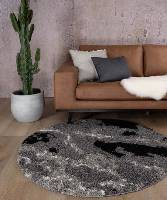 Rond hoogpolig vloerkleed Marble Artisan - grijs 120 cm rond