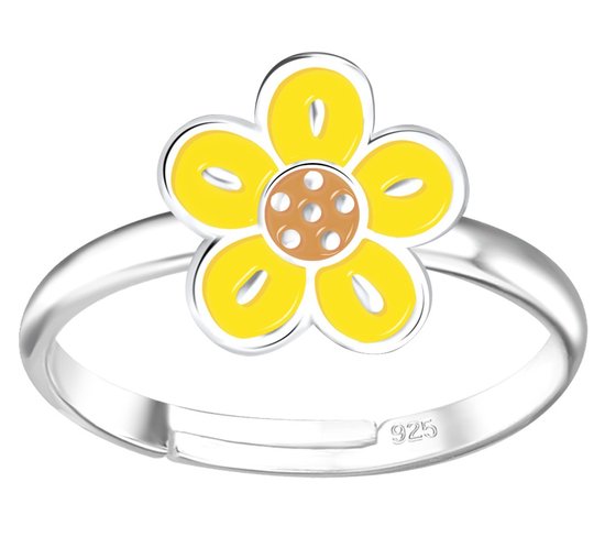 Joy|S - Zilveren bloem ring - verstelbaar - gele bloem - voor kinderen