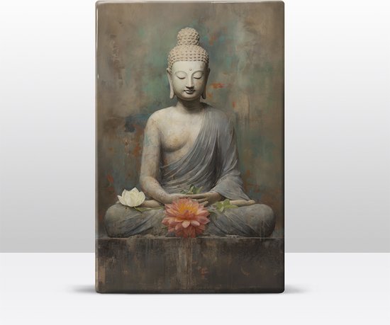 Buddha met bloemen - Laqueprint - 19,5 x 30 cm - Niet van echt te onderscheiden handgelakt schilderijtje op hout - Mooier dan een print op canvas. - LW503
