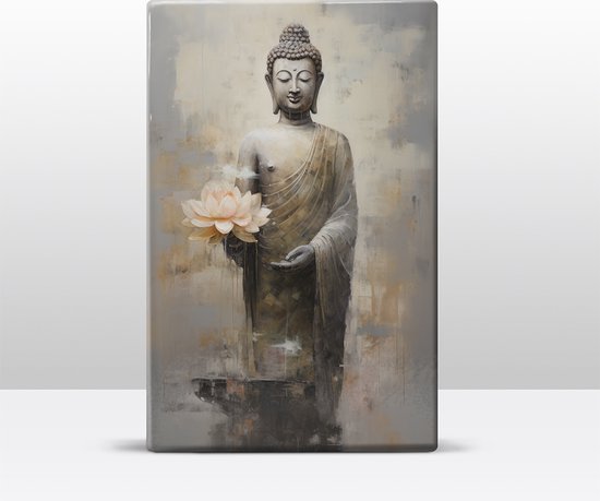 Buddha met bloemen - Laqueprint - 19,5 x 30 cm - Niet van echt te onderscheiden handgelakt schilderijtje op hout - Mooier dan een print op canvas. - LW511