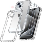 Hoesje Geschikt voor iPhone 15 Pro Max – Transparant Siliconen Anti Shock backcover hoesje – Met Glazen Screenprotector – 3 pack