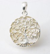 Pendentif rond en argent fin avec arbre de vie sur nacre