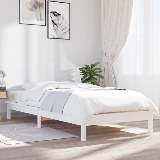 The Living Store Houten Bed - Massief Grenenhout - 202 x 101.5 x 26 cm - Wit