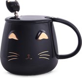 Zwarte kat mok Cute Kitty keramische koffiemok met roestvrijstalen lepel voor kattenliefhebbers dames meisjes