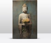 Buddha met bloemen - Mini Laqueprint - 9,6 x 14,7 cm - Niet van echt te onderscheiden handgelakt schilderijtje op hout - Mooier dan een print op canvas. - LWS528