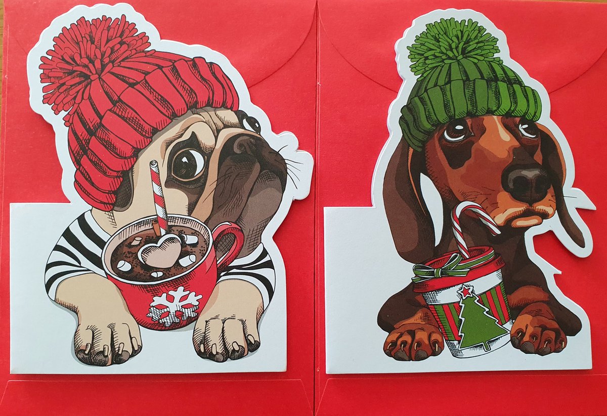 Kerstkaarten-Teckel-Bulldog-Mops-Honden-12stuks-Gekleurde-Enveloppen-Feestdagen