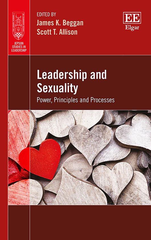 Boekomslag 'Leadership and Sexuality' met rode achtergrond, tekst in wit en een compositie van houten hartvormen.
