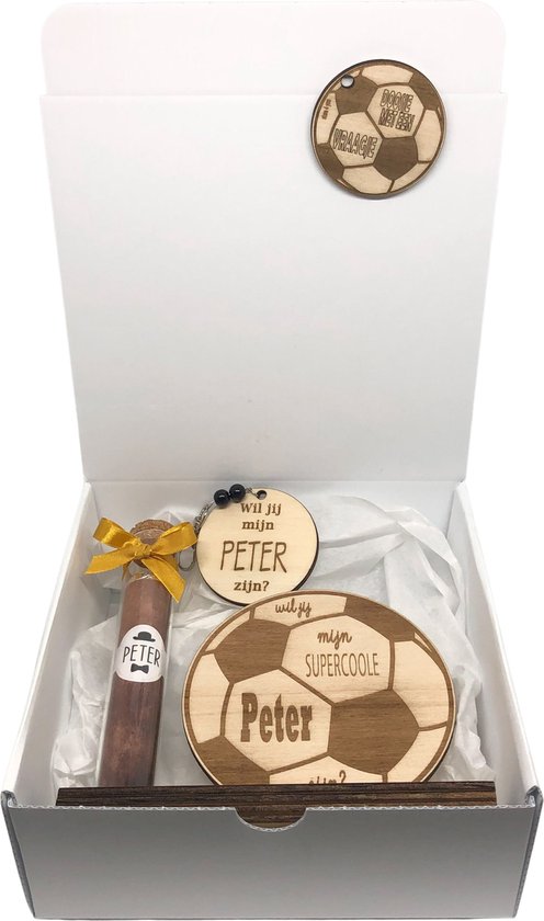 Geschenkbox Wil jij mijn PETER zijn? | okergeel | voetbal | sleutelhanger | peter vragen | meter worden | peetoom vragen | peetoom worden | cadeau | doosje met een vraag