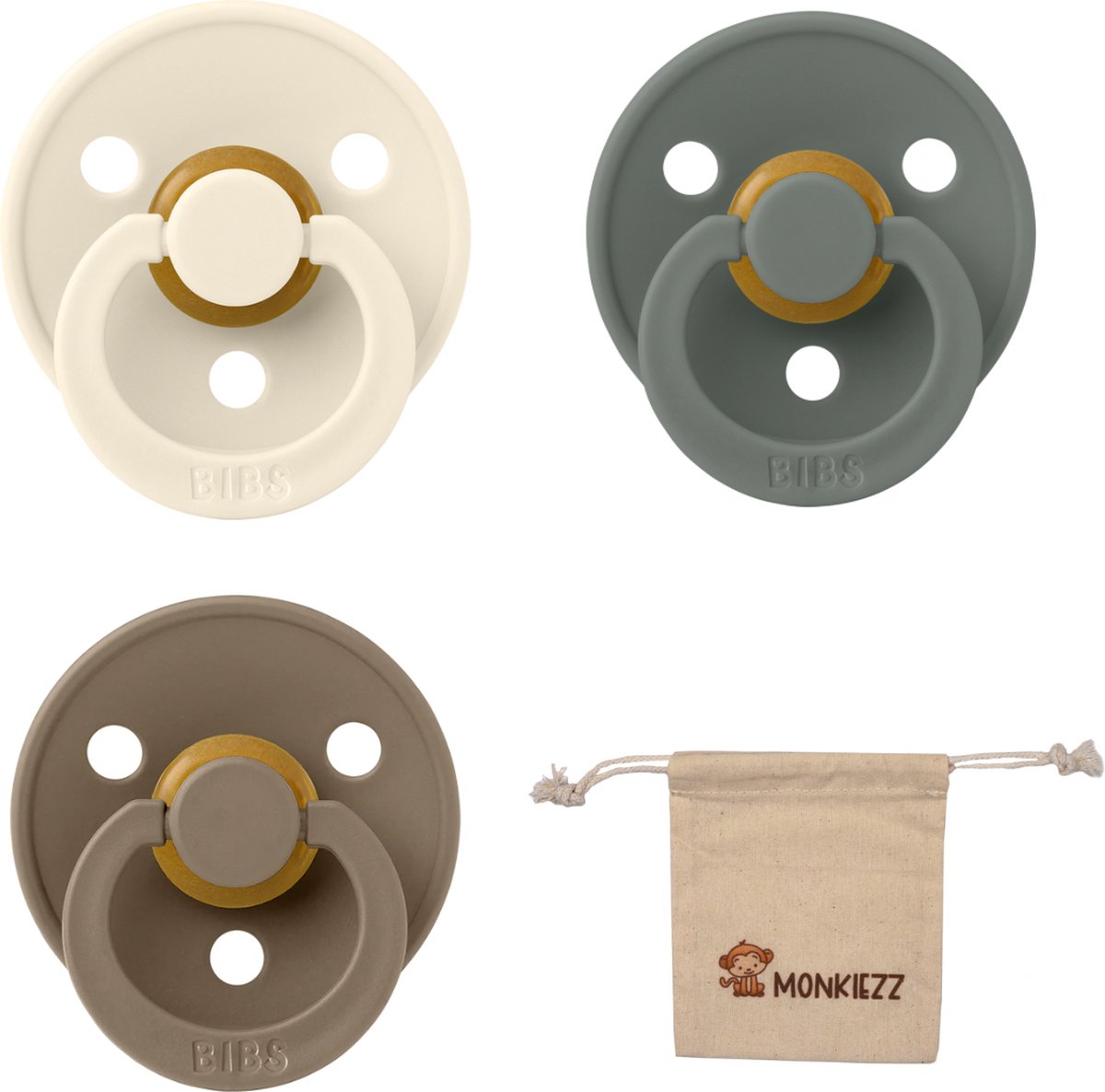 Goedkoopste Bibs fopspenen - set 3 stuks - 6-18 maanden Maat 2- Pine, Ivory white en Dark oak- T2 Met Monkiezz speenzakje