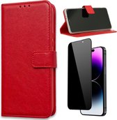 Casemania Hoesje Geschikt voor Apple iPhone 15 Rood & Privacy Screenprotector- Portemonnee Book Case - Kaarthouder & Magneetlipje