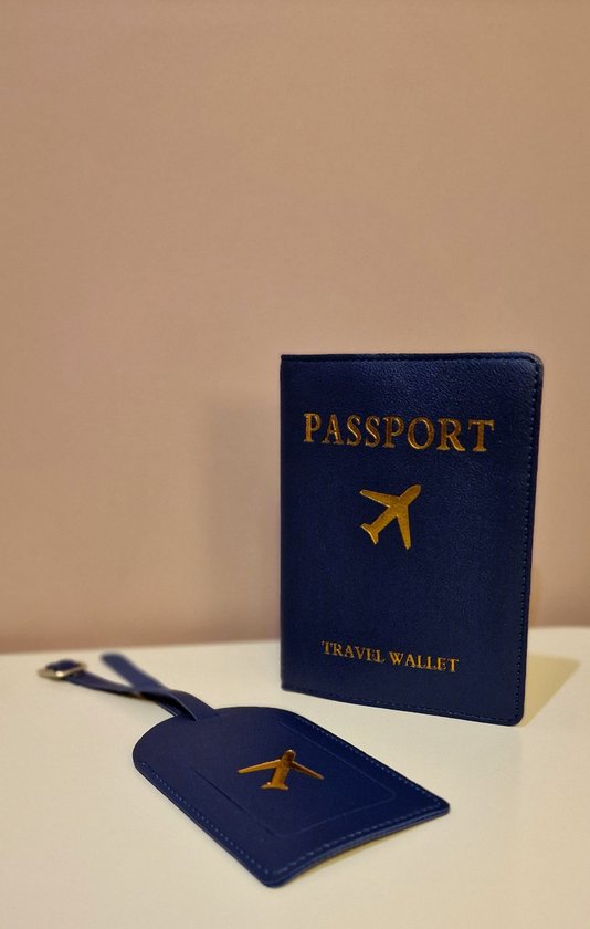 Couverture de passeport avec étiquette de bagage - Bleu foncé avec or - Porte-passeport - Couverture de passeport - Accessoires de voyage - Étiquette de valise - Étiquette de bagage - Set - Passeport et étiquette - Vacances