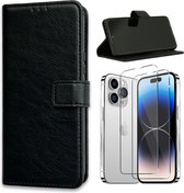 Casemania Hoesje Geschikt voor Apple iPhone 15 Plus Zwart & 2X Glazen Screenprotector- Portemonnee Book Case - Kaarthouder & Magneetlipje