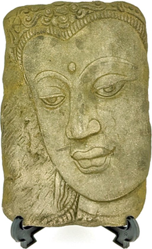 Boeddha hoofd op standaard - handgemaakt uit steen - grijs/groen