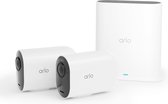 Arlo Ultra 2 XL draadloze WiFi-beveiligingscamera voor buiten, 4K UHD, 180˚ kleurennachtzicht, sirene & spotlight, bewegingsdetectie, 2-weg-audio, 12 mnd batterij, lokale opslag (SD-kaart), incl. proefp. Arlo Secure, 2 IP-Camera's + Smart Hub, wit