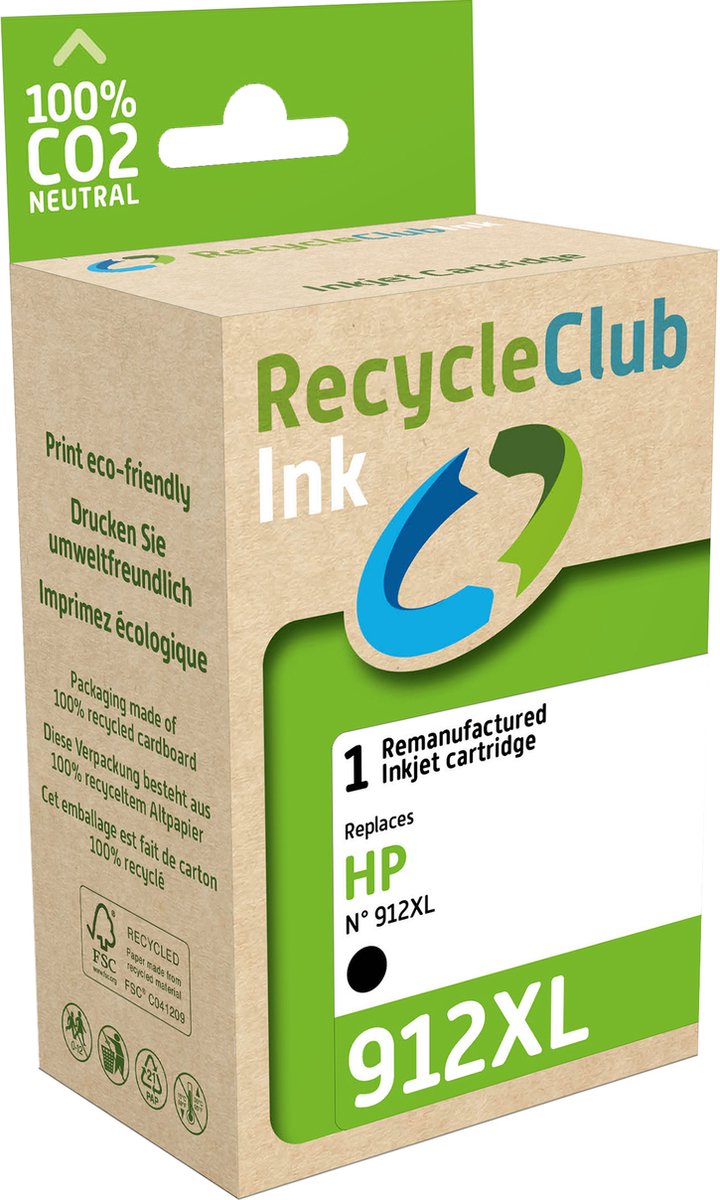 RecycleClub inktcartridge - Inktpatroon - Geschikt voor HP - Alternatief voor HP 912XL Zwart 30ml - 825 pagina's