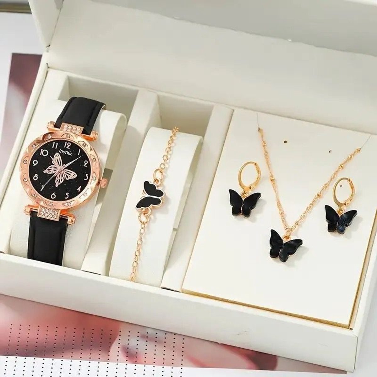 Horlogebox voor dames - geschenkdoos - cadeau set met horloge - oorbellen - ketting - armband - valentijn cadeautje voor haar - goud - silver