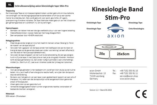 Verpakking en gebruiksaanwijzing van Axion Kinesiologie Tape Stim-Pro, 20x en 25x5cm.