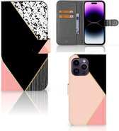 GSM Hoesje Geschikt voor iPhone 15 Pro Max Bookcase Black Pink Shapes