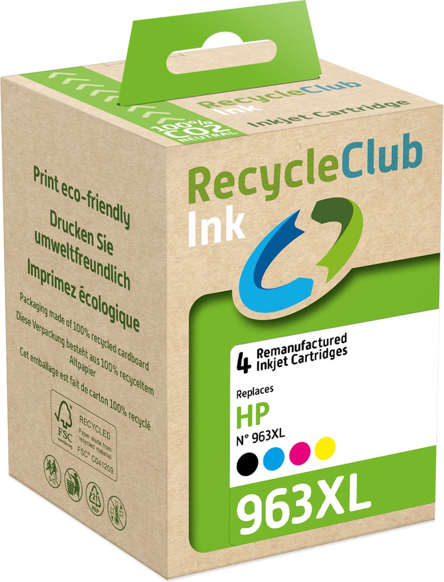 RecycleClub inktcartridge - Inktpatroon - Geschikt voor HP - Alternatief voor HP 963XL Zwart 30ml en 963XL Cyan Blauw 25ml Magenta Rood 25ml Yellow Geel 25ml - 4-pack