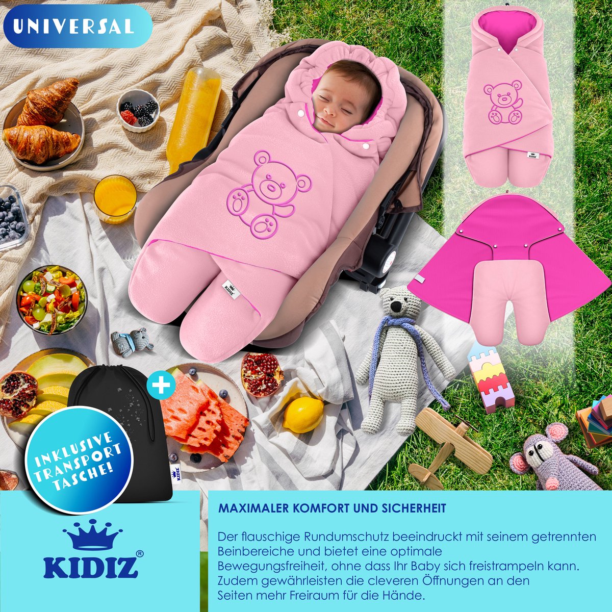KIDIZ® Baby Slaapzak voor Buggy Voetenzak voor Autostoeltje & Wandelwagen Babyschaal, voor Winter met Kap + Babyslaapzak Deken voor Maxi-Cosi & Kinderwagen alle Gordelsystemen 3 & 5-Puntsgordel - Roze / Roze – foto 6