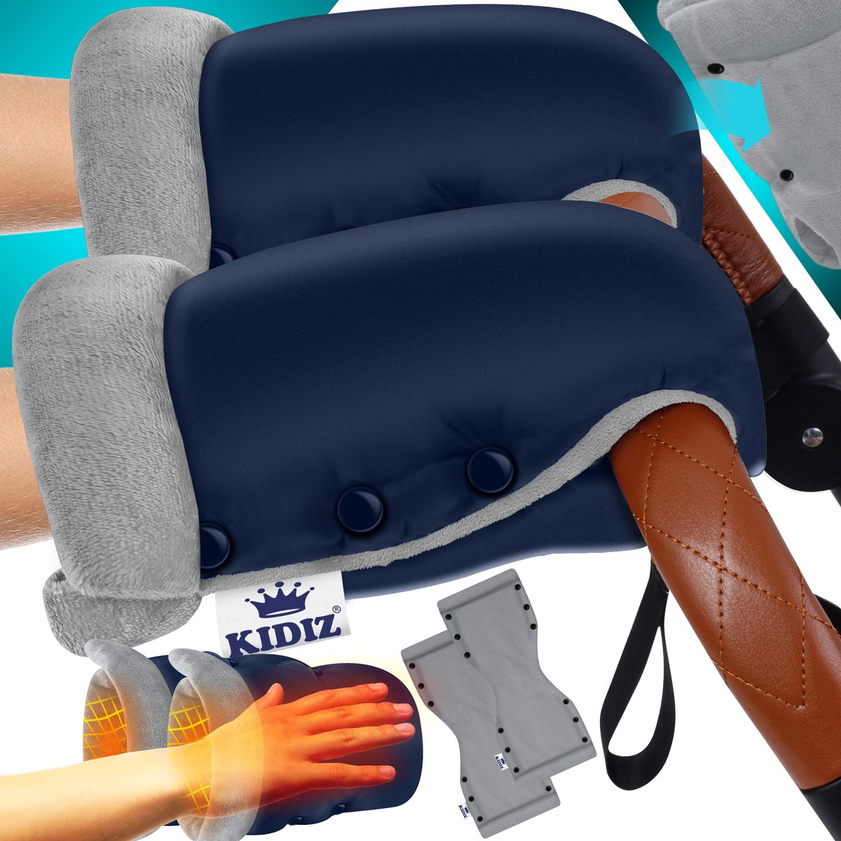 KIDIZ® Handwarmer Wandelwagenhandschoenen Handpop met warme pluche fleece en katoenen binnenkant Waterdichte winddichte handwarmer universele maat voor alle wandelwagens Buggy - Marineblauw