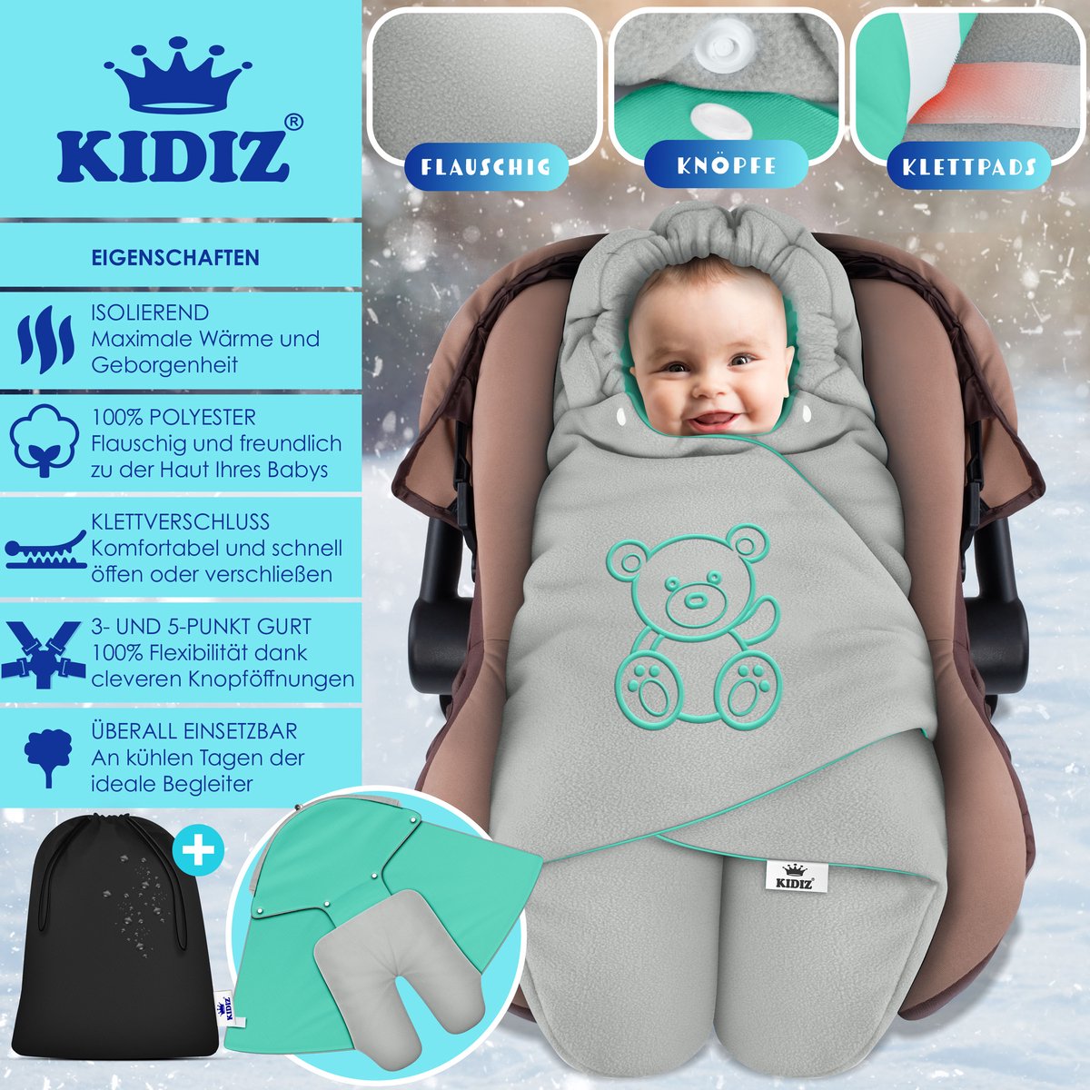 KIDIZ® Baby Slaapzak voor Buggy Voetenzak voor Autostoeltje & Wandelwagen Babyschaal, voor Winter met Kap + Babyslaapzak Deken voor Maxi-Cosi & Kinderwagen alle Gordelsystemen 3 & 5-Puntsgordel - Grijs / Turquoise – foto 6
