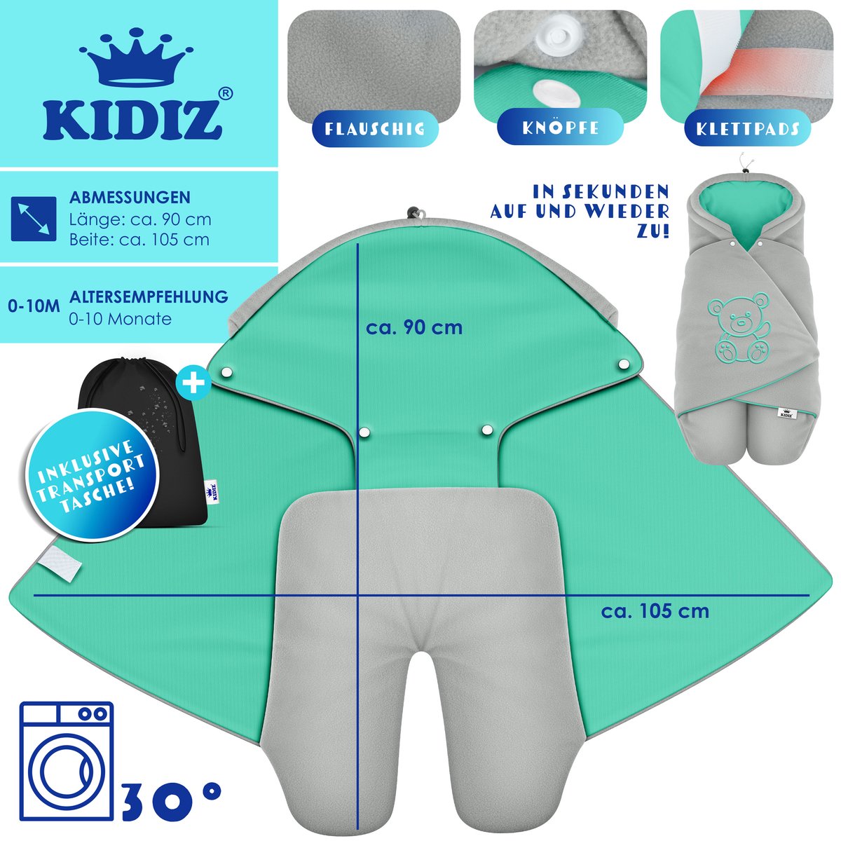 KIDIZ® Baby Slaapzak voor Buggy Voetenzak voor Autostoeltje & Wandelwagen Babyschaal, voor Winter met Kap + Babyslaapzak Deken voor Maxi-Cosi & Kinderwagen alle Gordelsystemen 3 & 5-Puntsgordel - Grijs / Turquoise – foto 4