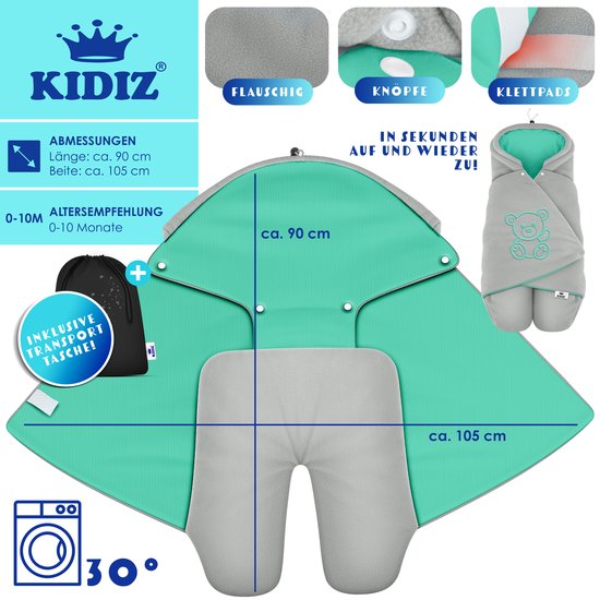 KIDIZ® Baby Slaapzak voor Buggy Voetenzak voor Autostoeltje & Wandelwagen Babyschaal, voor Winter met Kap + Babyslaapzak Deken voor Maxi-Cosi & Kinderwagen alle Gordelsystemen 3 & 5-Puntsgordel - Grijs / Turquoise van Merkloos — afbeelding 4