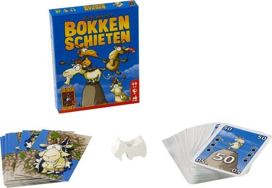 Speldoos Bokken Schieten, speelkaarten met geiten, en een stapel kaarten met geitenafbeelding.