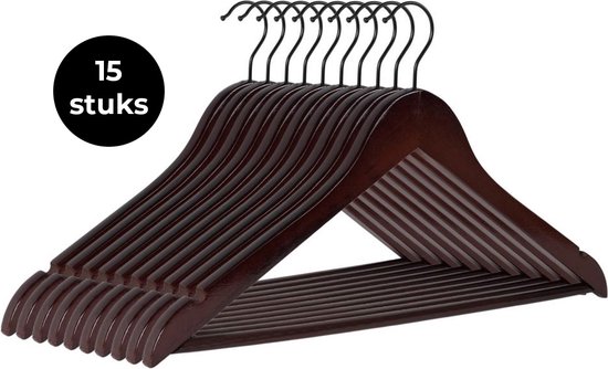 Foto: Eleganca luxe kleerhangers kledinghanger 15 stuks behandeld hout 45x22 x1cm multifunctionele kledinghanger gelakt met zwarte haak donker massief hout