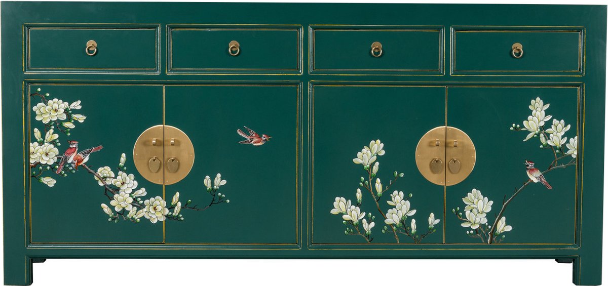 Fine Asianliving Chinees Dressoir Teal Handbeschilderd - Orientique Collectie B180xD40xH85cm Chinese Meubels Oosterse Kast Groen, Blauw, Teal Handgeschilderd