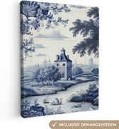 Canvas Schilderij Landschap - Kasteel - Delfts blauw - Bloemen - Hollands - 30x40 cm - Wanddecoratie