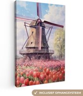 Canvas Schilderij Molen - Tulpen - Bloemen - Landschap - Hollands - 20x30 cm - Wanddecoratie