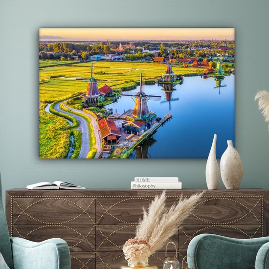 Peinture sur toile Moulin - Soirée - Paysage - Hollandais - 120x80 cm - Décoration murale