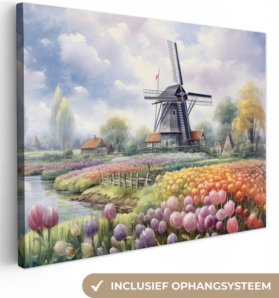 Canvas Schilderij Molen - Bloemen - Nederland - Landschap - Hollands - 120x90 cm - Wanddecoratie