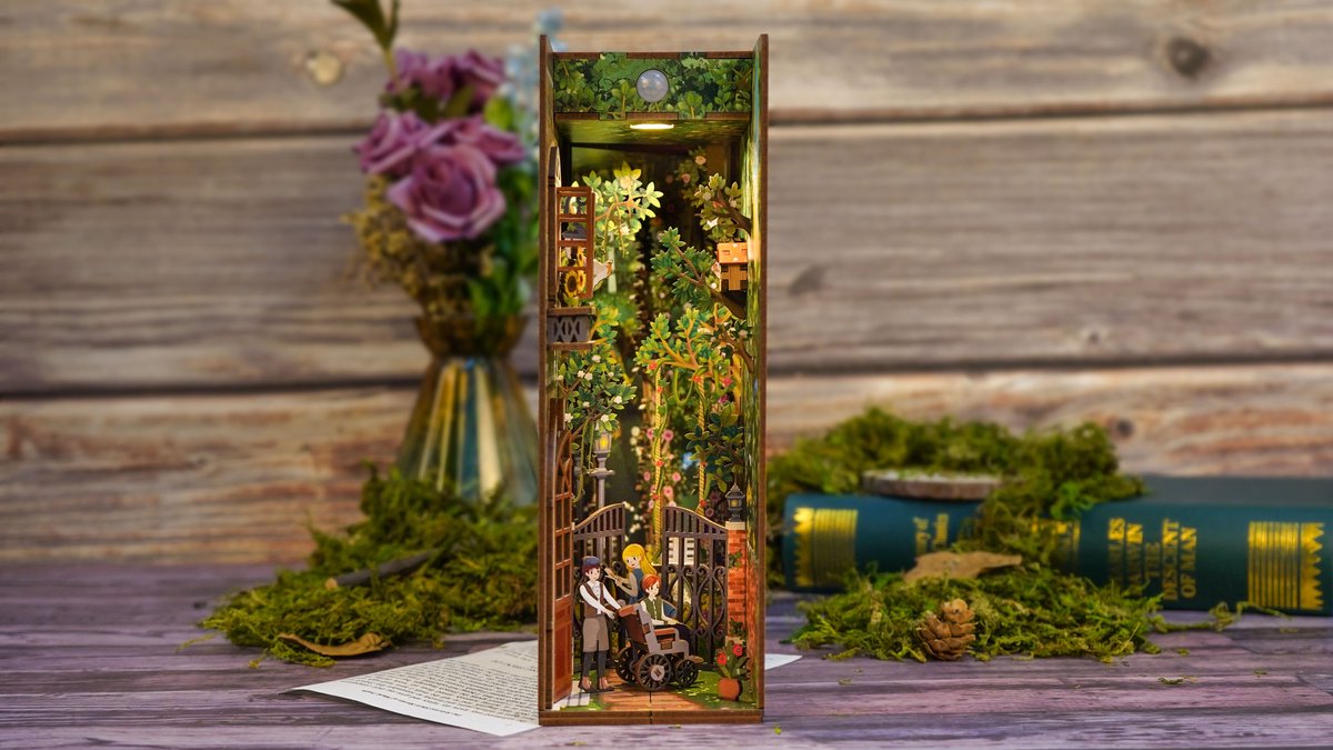 Tonecheer The Secret Garden Book Nook Bouwpakket - Modelbouw - 18,2 x 8 x 24,5 cm - Houten 3D Puzzel - Boekensteun - LED-licht - Bewegingssensor Licht - Boekenhouder — afbeelding 4