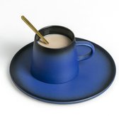 Cappuccino kopjes met bijpassende schotel en gouden lepel, 180 ml koffiemok voor dagelijks gebruik en kantoor (blauw)