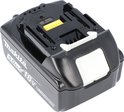 Zwarte Makita 18V 5.0Ah Li-ion accu met witte ontgrendelingsknoppen en gele connector.
