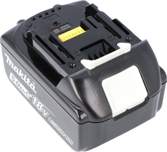 Zwarte Makita 18V 5.0Ah Li-ion accu met witte ontgrendelingsknoppen en gele connector.