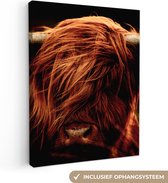 Toile - Peinture Highlander écossais - Gros plan - Tête d'animal - Zwart - Vache - Peintures salon - Tableau sur toile - Décoration de chambre - 60x80 cm