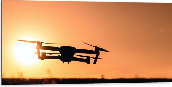 Dibond - Silhouet van Laagvliegende Drone bij Zonsondergang - 100x50 cm Foto op Aluminium (Met Ophangsysteem)
