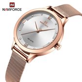 NAVIFORCE horloge met rose gouden stalen polsband, witte wijzerplaat en roze gouden horlogekast voor dames met stijl ( model 5023 RGW )
