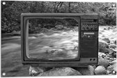 Tuinposter – Oude Vintage Televisie met Doorkijk op Rivier (Zwart-wit) - 90x60 cm Foto op Tuinposter (wanddecoratie voor buiten en binnen)