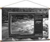 Textielposter - Oude Vintage Televisie met Doorkijk op Rivier (Zwart-wit) - 90x60 cm Foto op Textiel