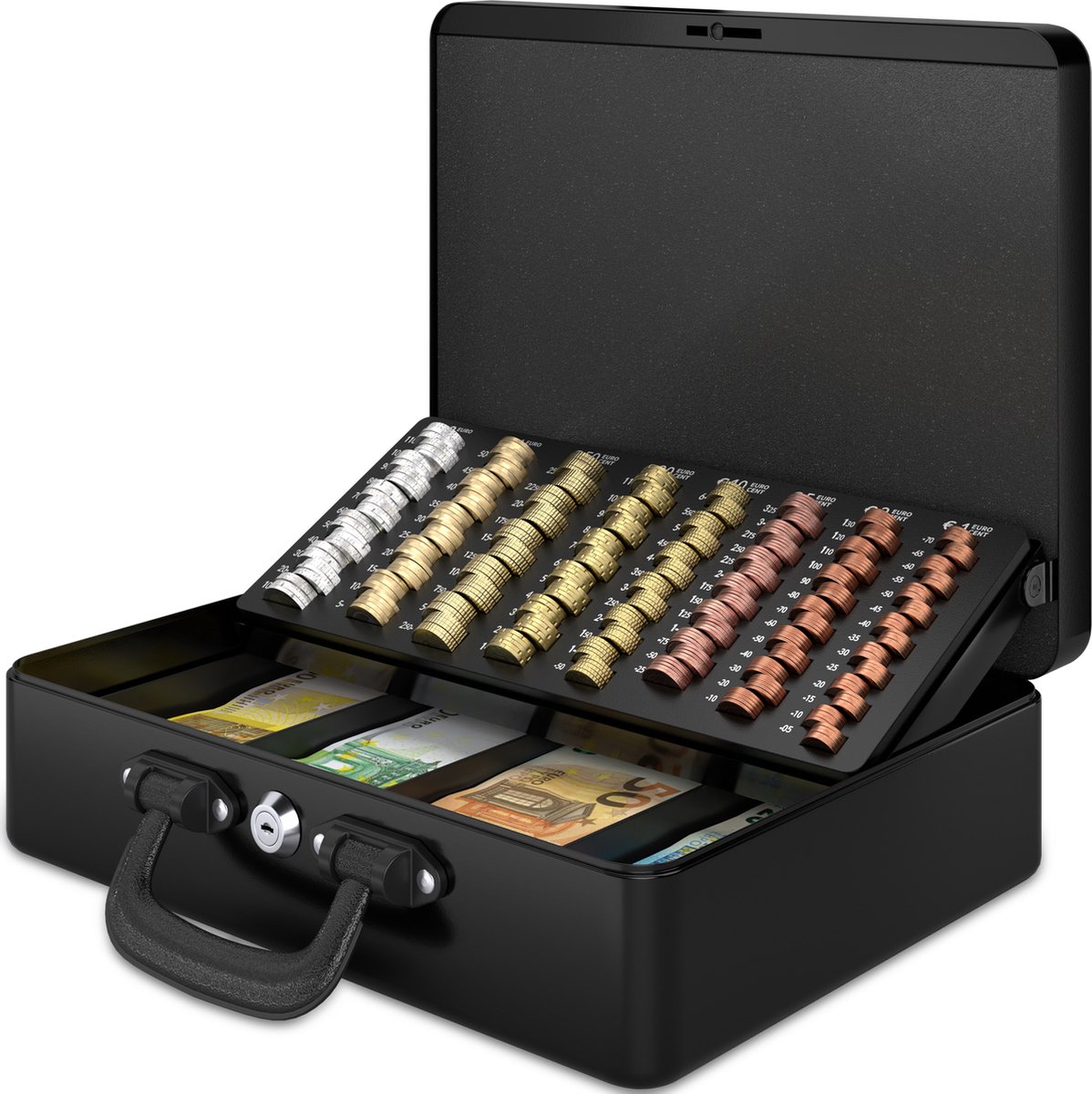 ACROPAQ Geldkistje - Premium, Geldkist met sleutel, 36 x 28 x 11 cm - Geldkluis met muntsorteerder, Geldlade - Zwart - TS358K - ACROPAQ