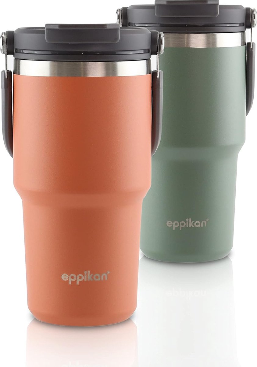 Roestvrijstalen thermosbeker met inklapbare draaggreep en twee drinkopeningen voor warme en koude dranken, thermosfles voor onderweg (terracotta, 600 ml)
