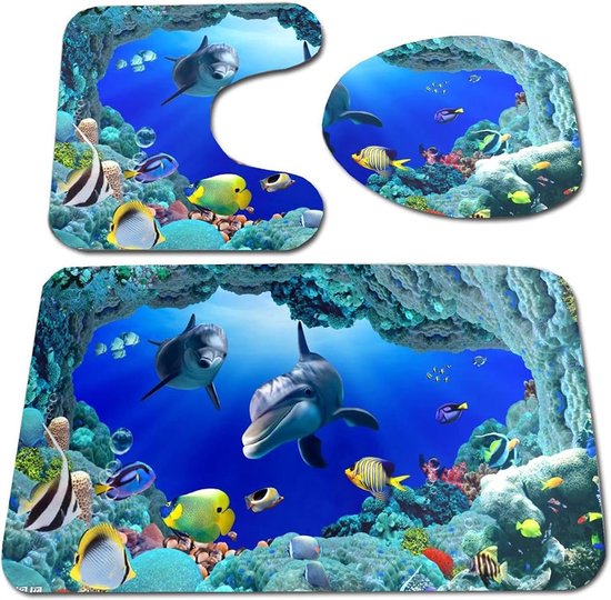 Ensemble de salle de bain tapis 3 pièces tapis de bain tapis de bain lavable style océan monde sous-marin dauphin carpe tapis de toilette Set de Badmat imprimé dauphin 3D
