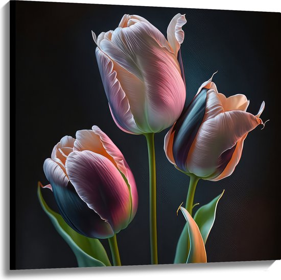 Canvas - Roze tulpen voor een zwarte achtergrond - Bloemen - 100x100 cm Foto op Canvas Schilderij (Wanddecoratie op Canvas)