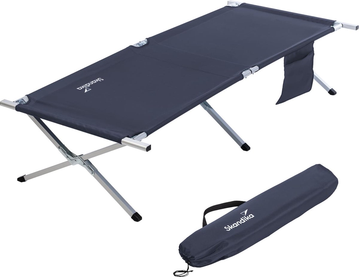 Skandika Vuoma Ligbed – Ligbedden – Veldbed – Ligstoel tuin – Comfortabel en compact opklapbed - Opvouwbaar ligbed met organisatietas, max. 200 kg, 210 x 75 cm (L x B), Antislip Voeten, Draagtas Buiten, Kamperen, Strand, Tuin – donkerblauw